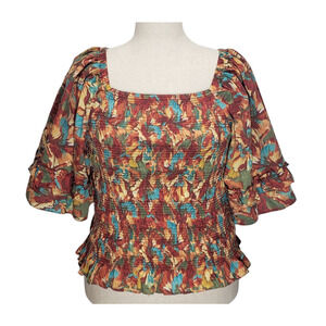 Cato Smocked Floral Top 18/20W • Square Neck • Ruffle Sleeve • Boho Cottagecore